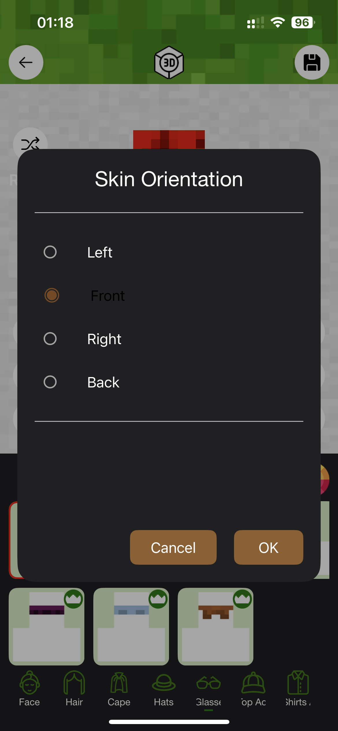 Minecraft skin orientation controls