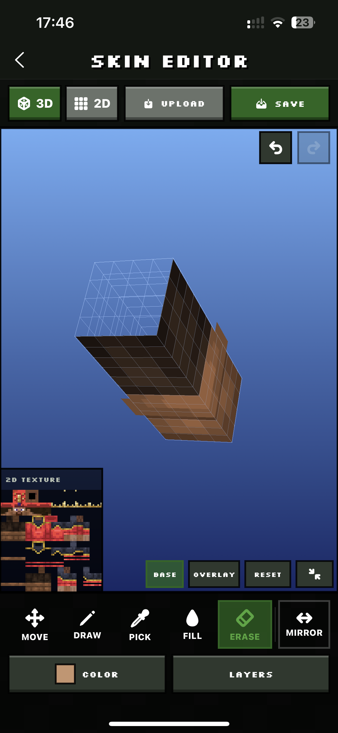 Photo2Skin editing a difficult Minecraft skin body area in 3D