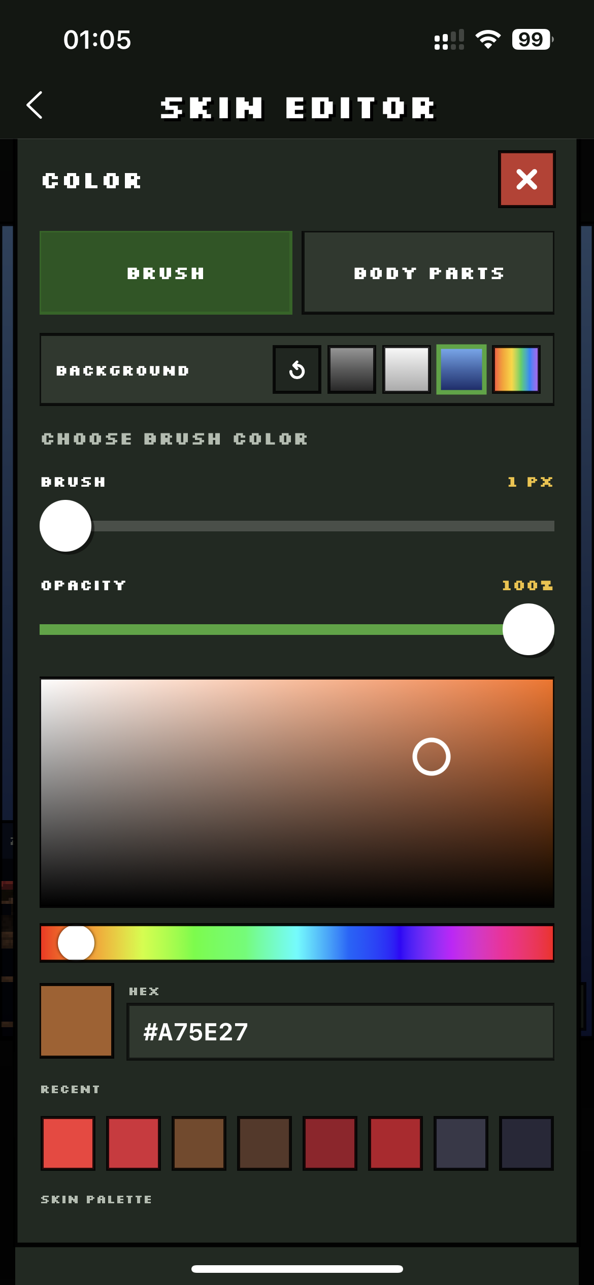 Photo2Skin brush color and palette controls