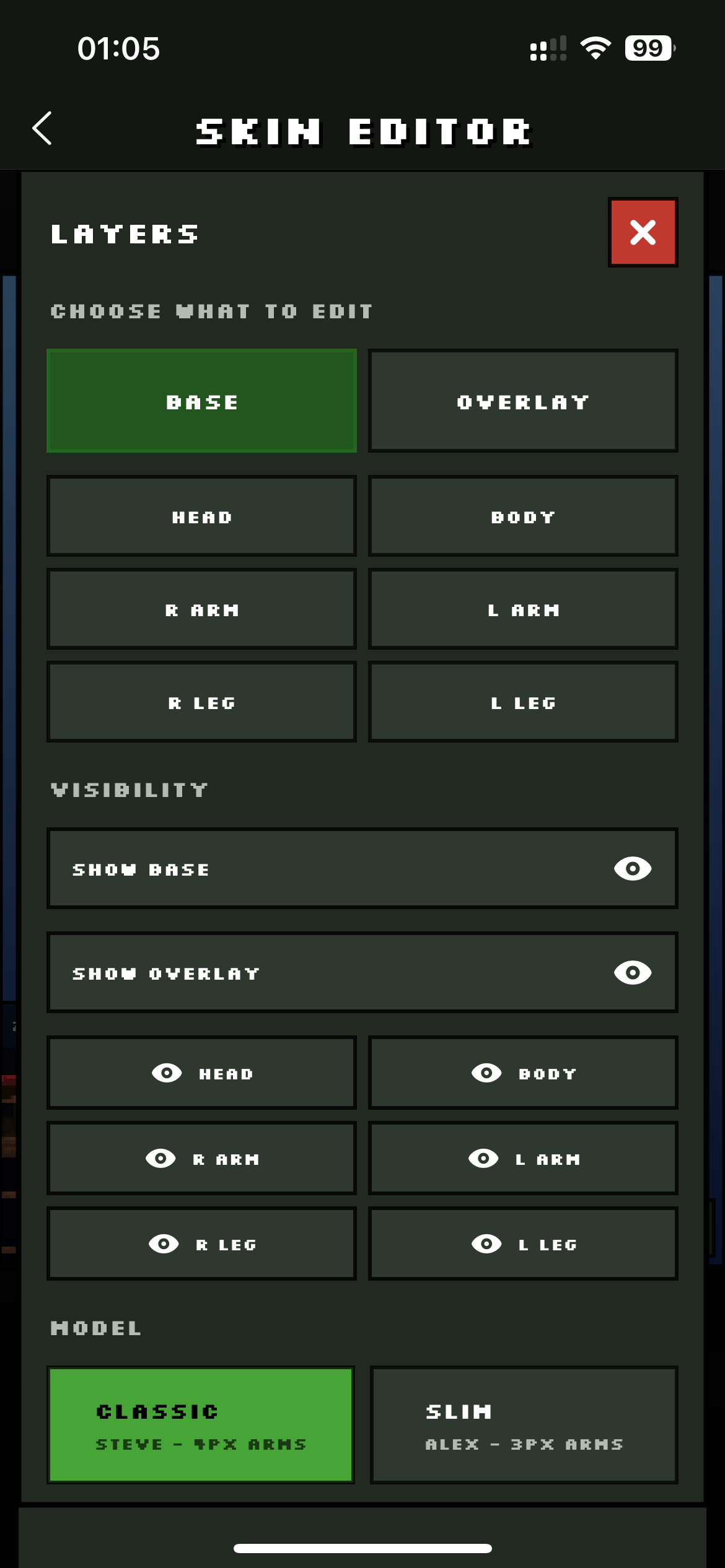 Photo2Skin Minecraft skin layer and body part controls