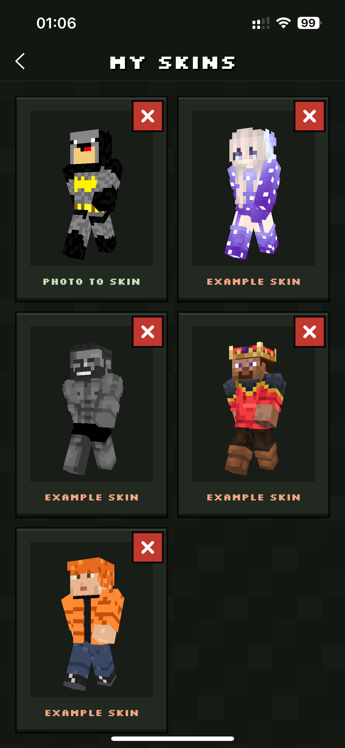 Photo2Skin saved Minecraft skins on mobile