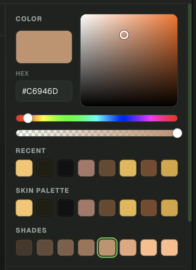 Minecraft Skin Editor color panel with a color field, hue slider, transparency control, HEX input and Recent, Skin palette and Shades swatch rows.
