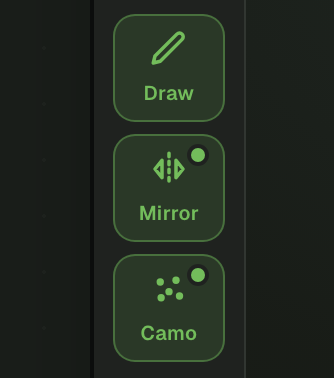 Draw, Mirror and Camo buttons in the Minecraft Skin Editor toolbar.