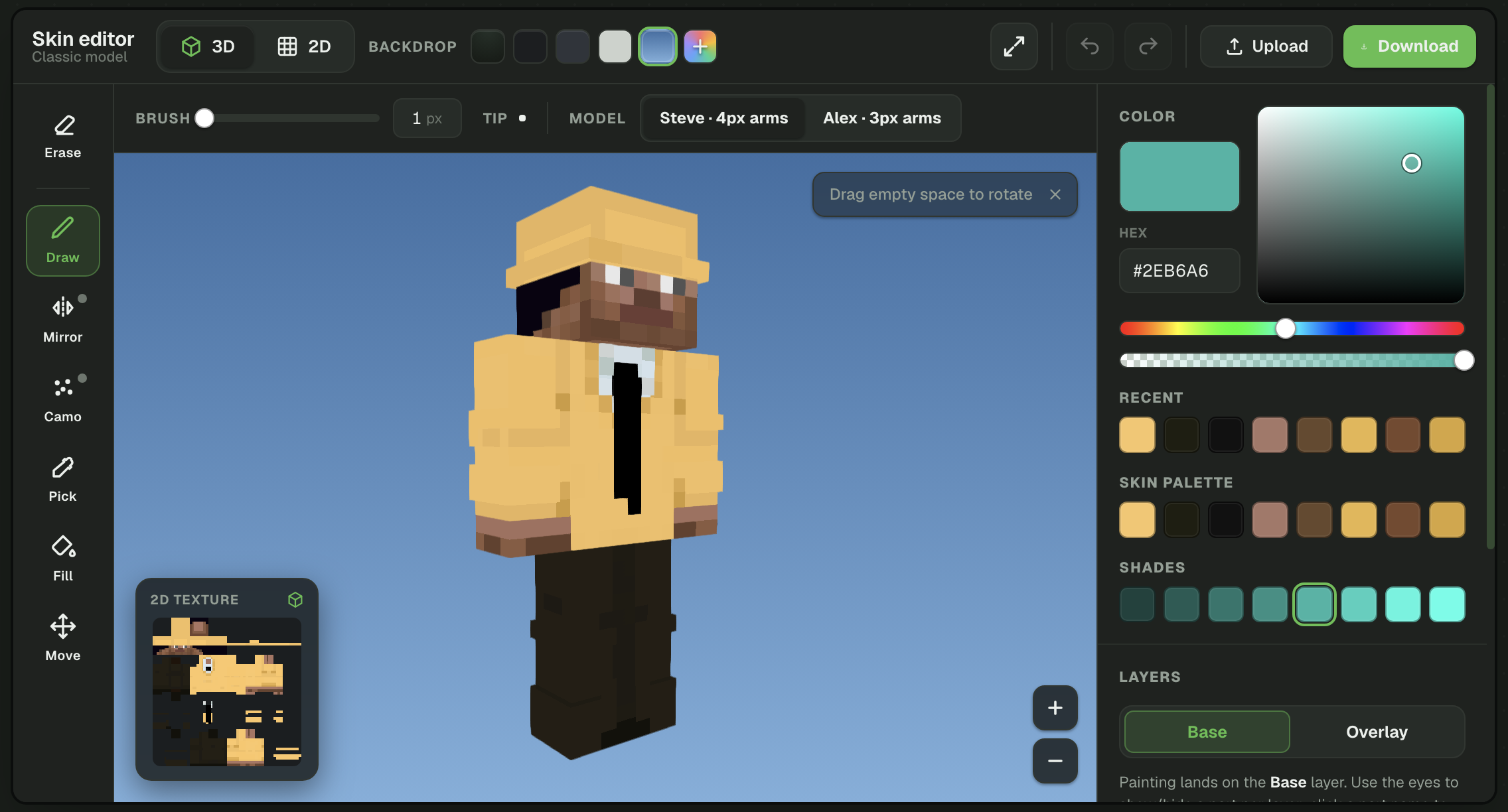 Minecraft skin editor open in a browser with a 3D character, editing tools, color palette and layers.
