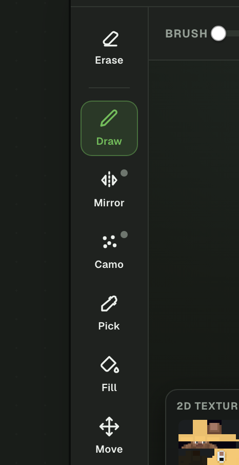 Minecraft Skin Editor toolbar with Draw, Pick, Fill, Move and Erase tools.