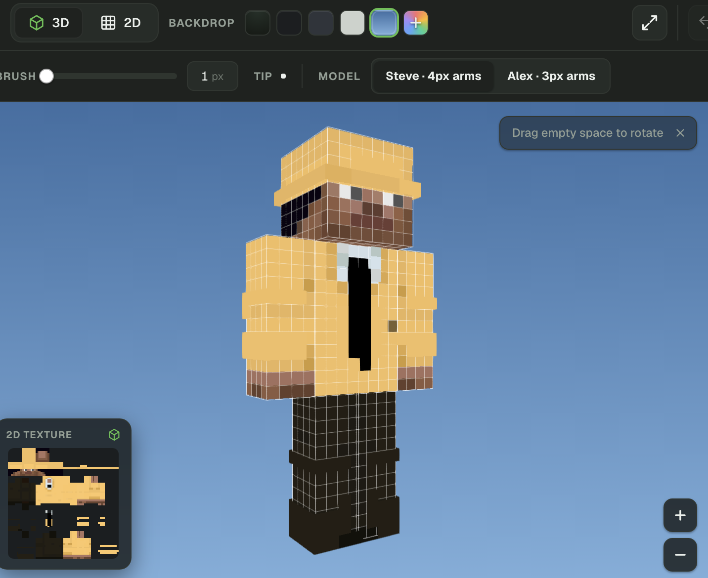 Minecraft skin displayed in 3D editing mode with a live 2D texture preview.