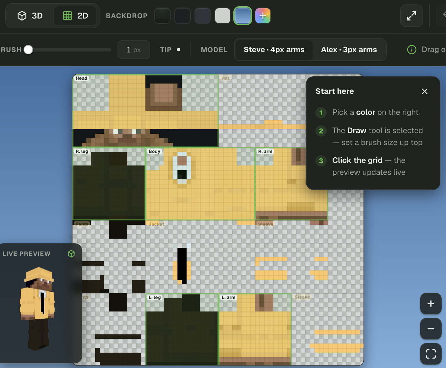 Minecraft skin texture open in 2D mode with labeled body parts and live 3D preview.