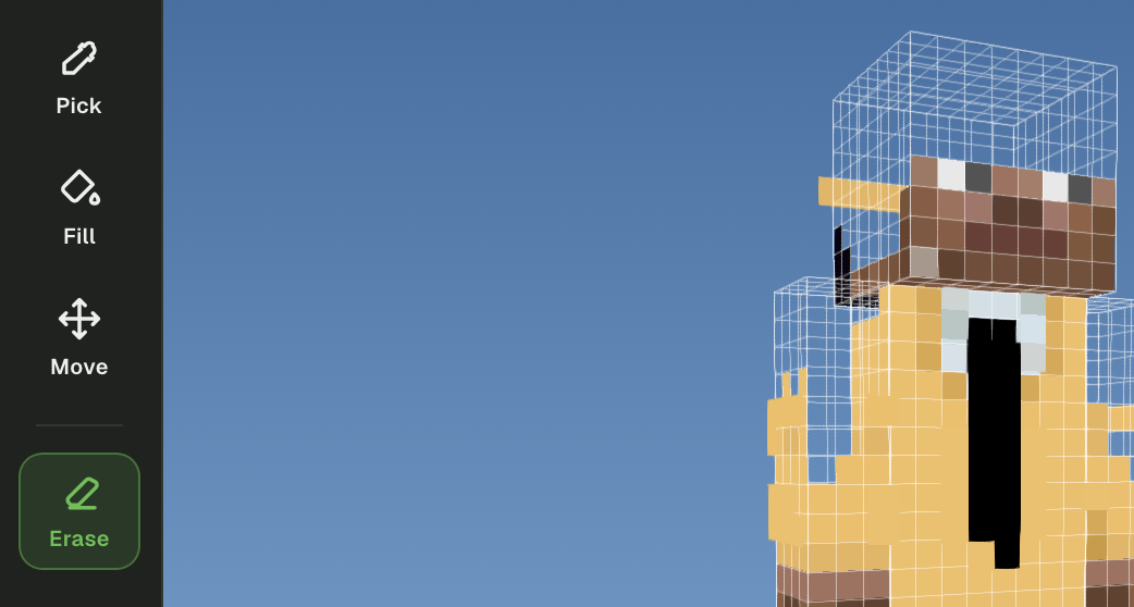Erase tool selected while removing overlay pixels from a Minecraft skin jacket.