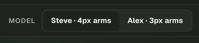 Classic and Slim Minecraft skin model selector showing four-pixel and three-pixel arm formats.