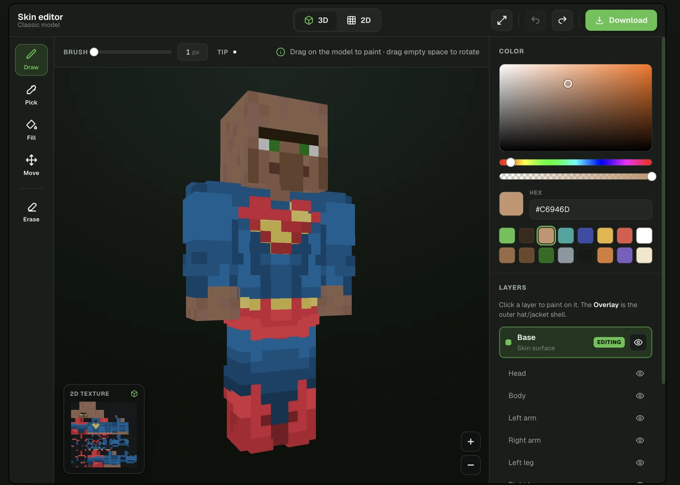 The Photo2Skin Minecraft skin maker: a skin generated from a photo shown on the 3D model, with draw, fill and pick tools, a color picker and per-part layers
