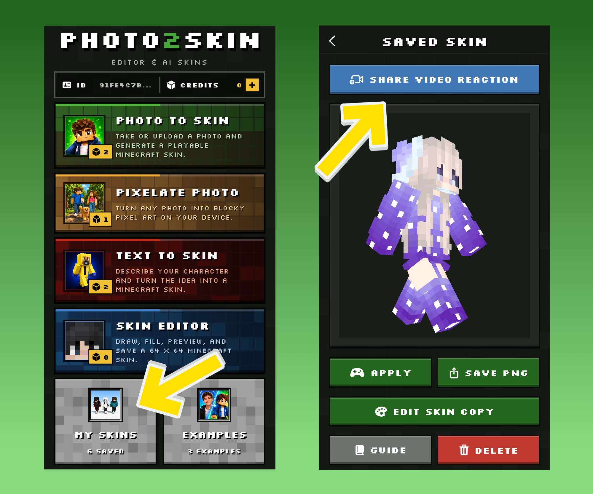 Photo2Skin app showing a saved Minecraft skin with the Share Video Reaction button to record a Minecraft skin filter reaction