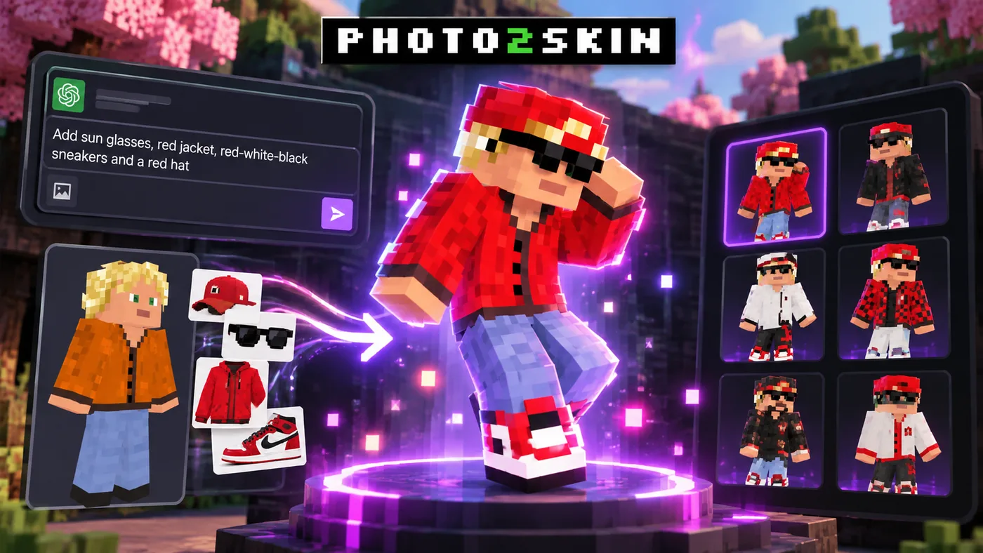 A Minecraft skin edited with a ChatGPT-like prompt: an orange jacket swapped for a red jacket, sunglasses, a red cap and red sneakers