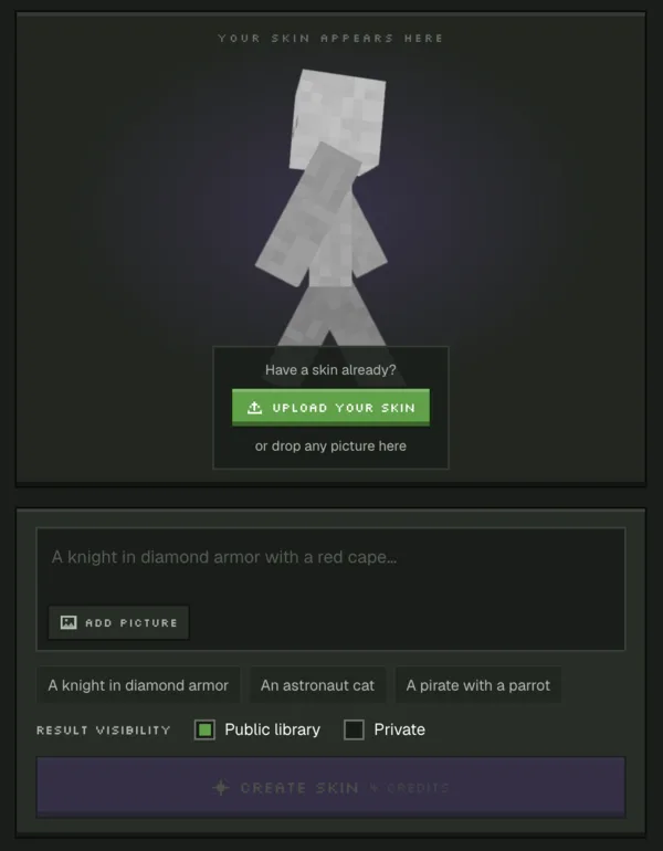 Photo2Skin AI Studio showing an option to upload a Minecraft skin or picture and enter a text prompt