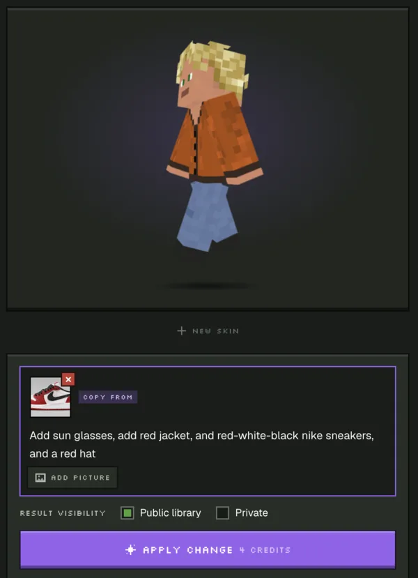 AI Minecraft skin editing prompt requesting sunglasses, a red jacket, a red hat and sneakers based on an uploaded shoe reference