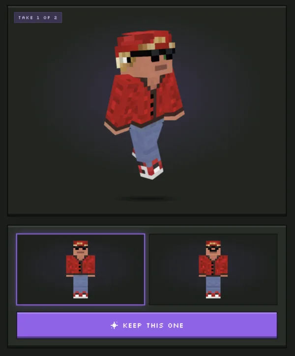 Generated Minecraft skin wearing a red jacket, sunglasses, red hat and red-and-white sneakers with two versions to choose from