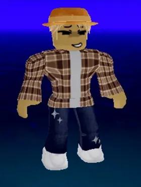 Roblox-Avatar mit braunem Karohemd, Strohhut und blauer Jeans