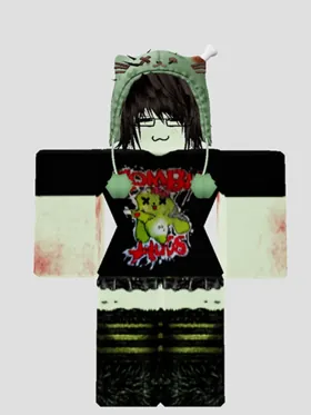 Roblox-Avatar mit grünen Haaren, Kapuzenoberteil und dunklem Outfit mit Print