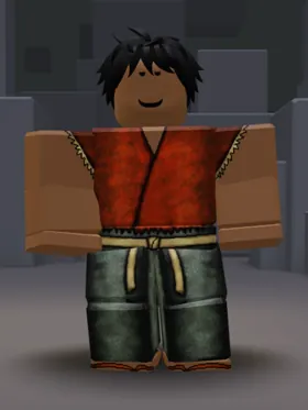 Roblox-Avatar mit dunklen Locken, offener roter Jacke und grünen Cargoshorts