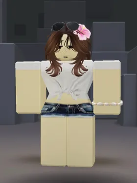 Roblox-Avatar mit langen braunen Haaren, Blumenspange, Sonnenbrille und Jeansshorts