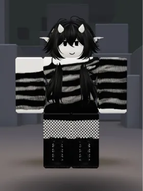 Roblox-Avatar mit schwarzen Katzenohren-Haaren, gestreiften Ärmeln und kariertem Rock
