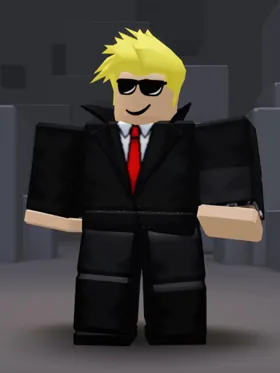 Roblox-Avatar mit blonden Haaren, schwarzer Sonnenbrille, schwarzem Anzug und roter Krawatte