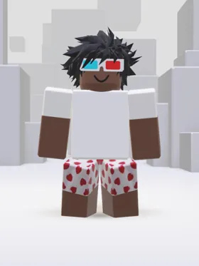 Roblox-Avatar mit dunklen Haaren, 3D-Brille und weißen Shorts mit roten Punkten