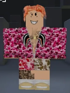 Roblox-Avatar in pinker Blumenjacke und Camouflage-Shorts