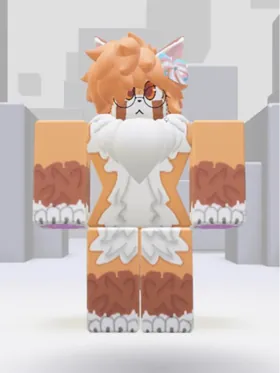 Roblox-Avatar mit orangefarbenen Haaren und flauschigem weiß-orangem Outfit