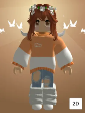 Roblox-Avatar mit Blumenkranz, orangefarbenem Pullover und zerrissener Jeans