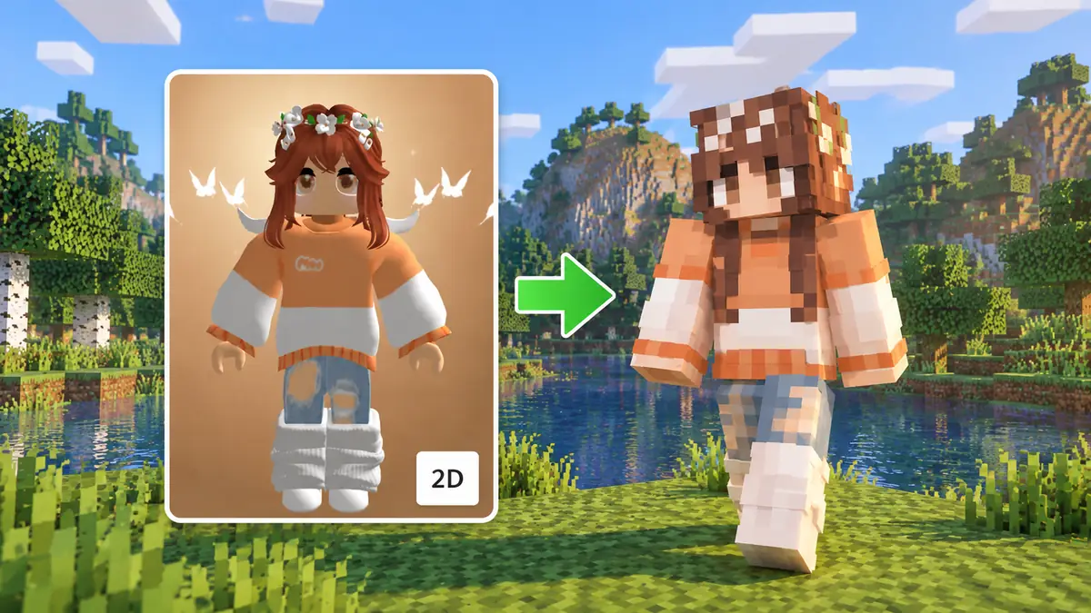 A Roblox avatar beside the Minecraft skin recreated from it