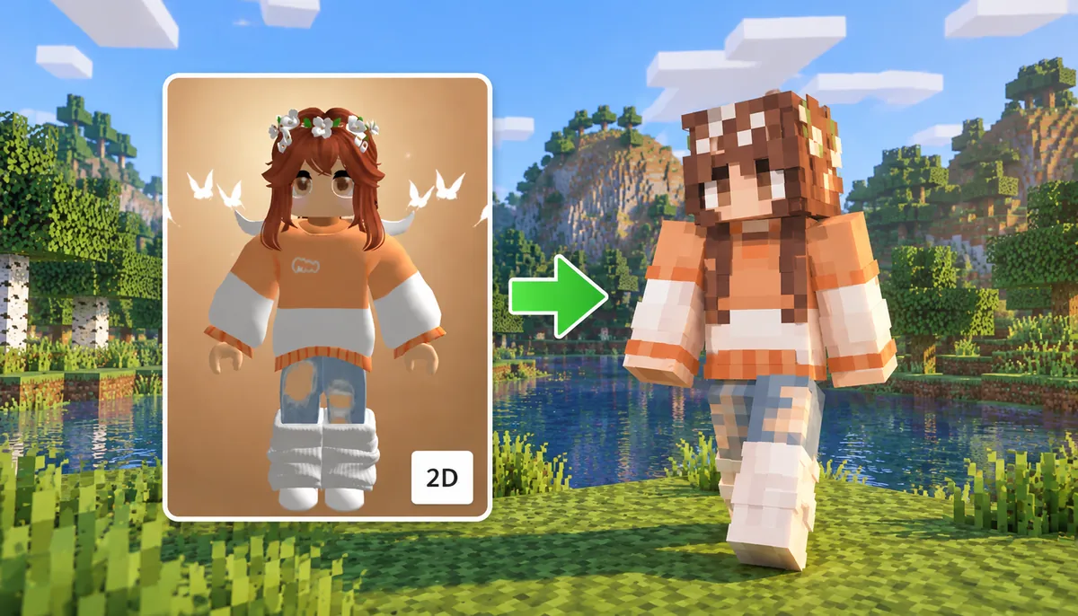 Ein Roblox-Avatar neben dem daraus nachgebauten Minecraft-Skin