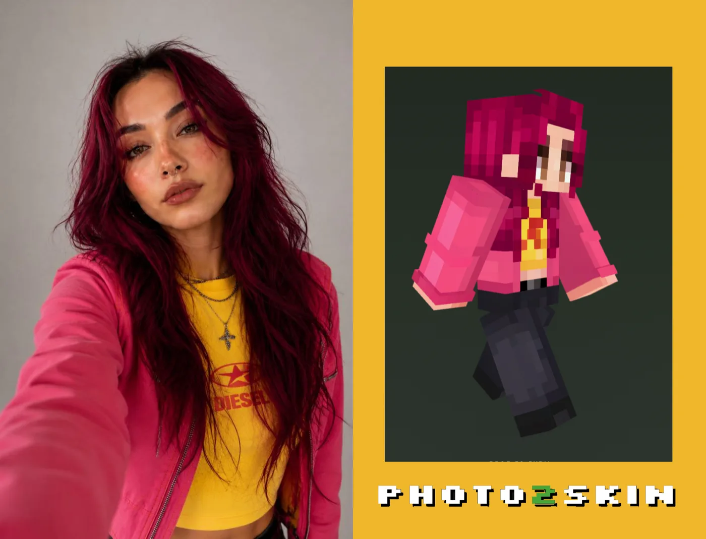 A selfie of a woman with magenta hair and a yellow top beside the Minecraft skin generated from it