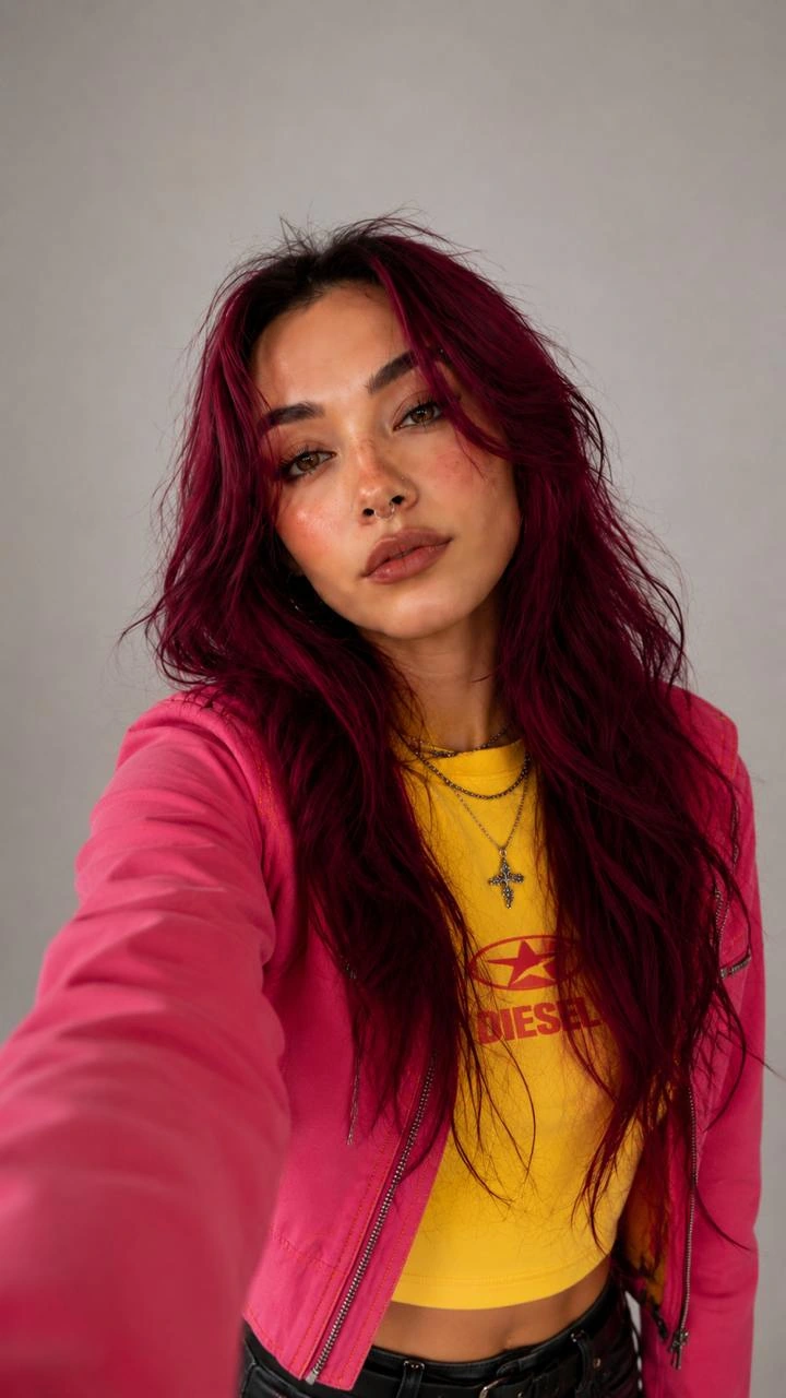Selfie of a woman with long magenta hair, a yellow t-shirt and a pink jacket