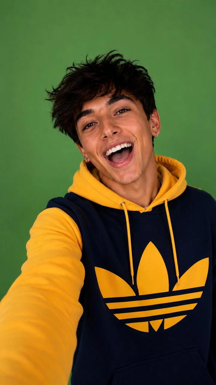 Selfie of a smiling man with dark hair wearing a navy and yellow hoodie