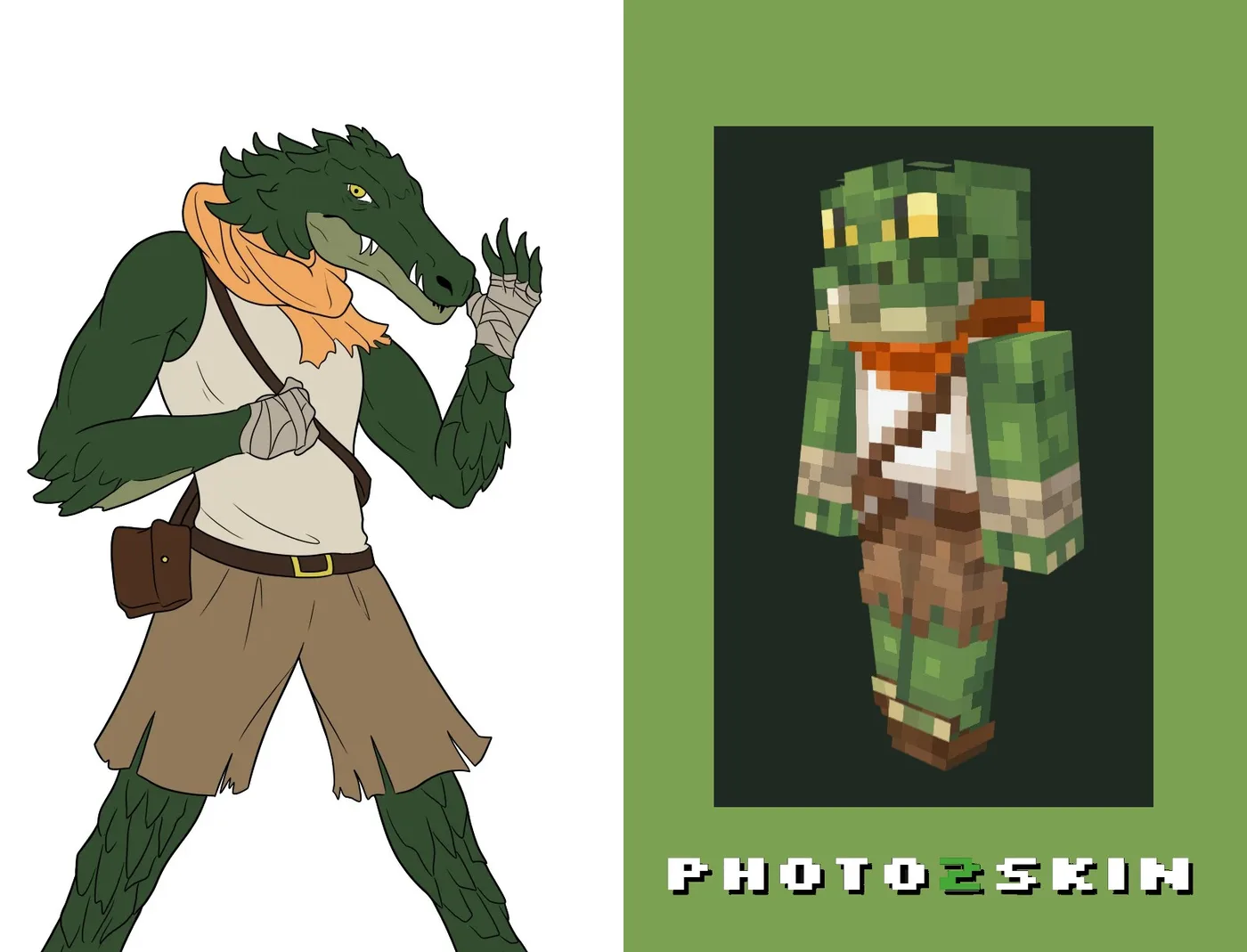A commissioned character drawing beside the finished Minecraft skin made from it, shown on the 3D model