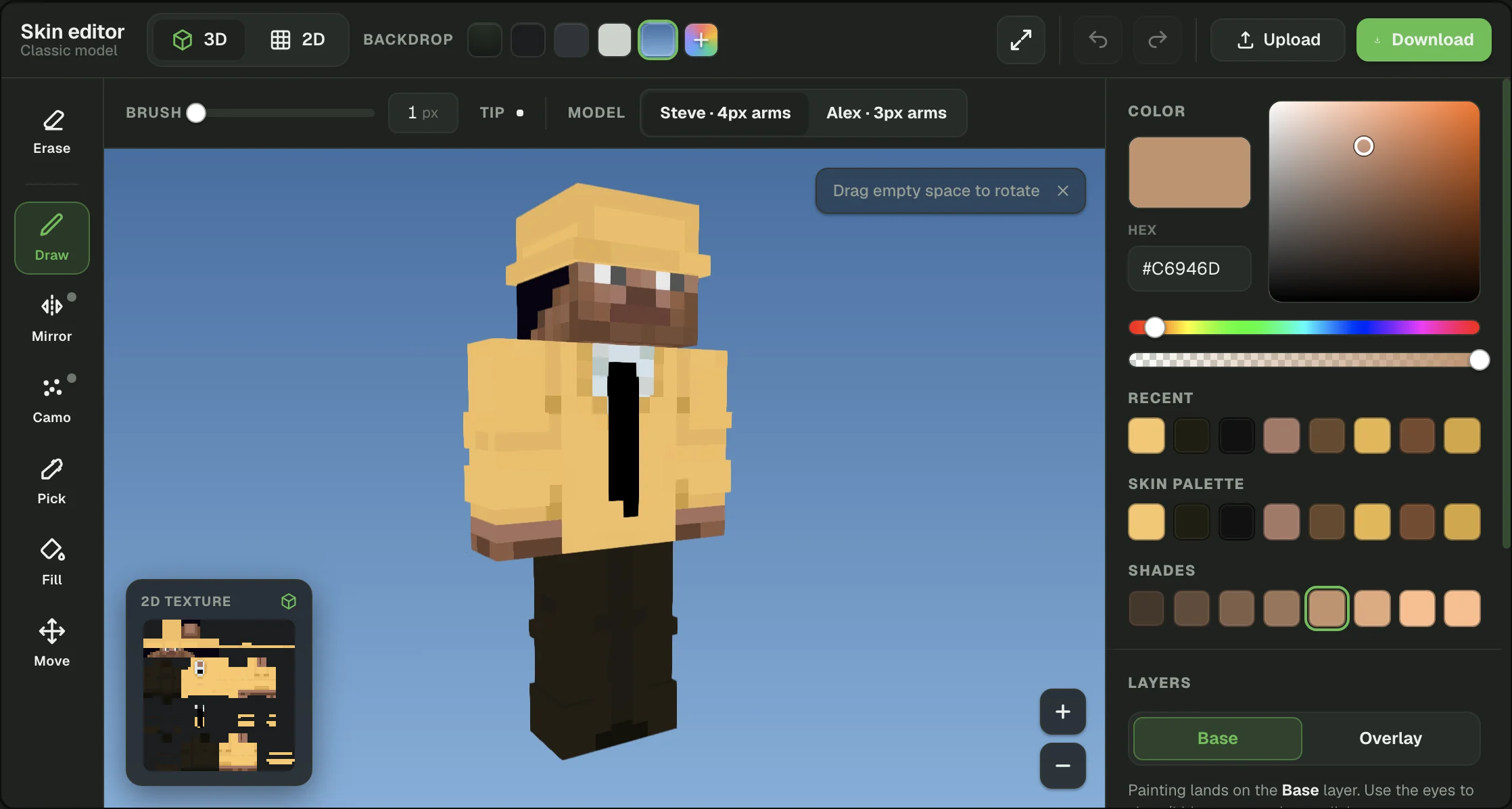 Free online Minecraft skin editor painting a character on a live 3D model, with paint tools, colour picker and layers
